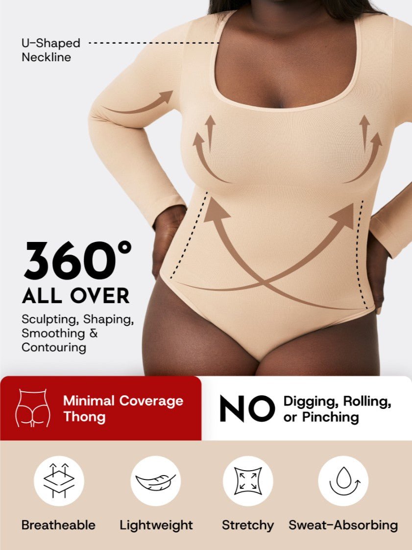Long Sleeve Shapewear Bodysuit Thong, Beige - Nuderie
