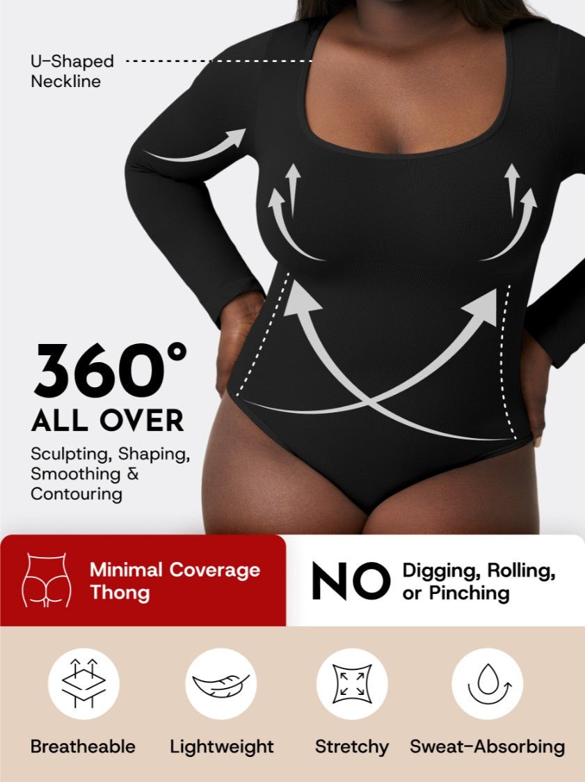 Long Sleeve Shapewear Bodysuit Thong, Black - Nuderie