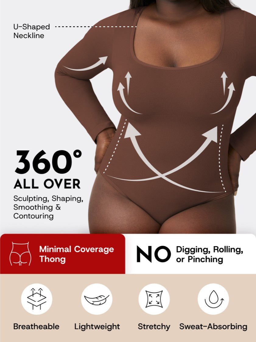 Long Sleeve Shapewear Bodysuit Thong, Chocolate - Nuderie