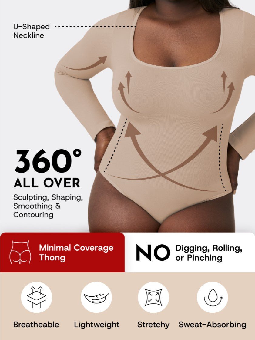 Long Sleeve Shapewear Bodysuit Thong, Latte - Nuderie