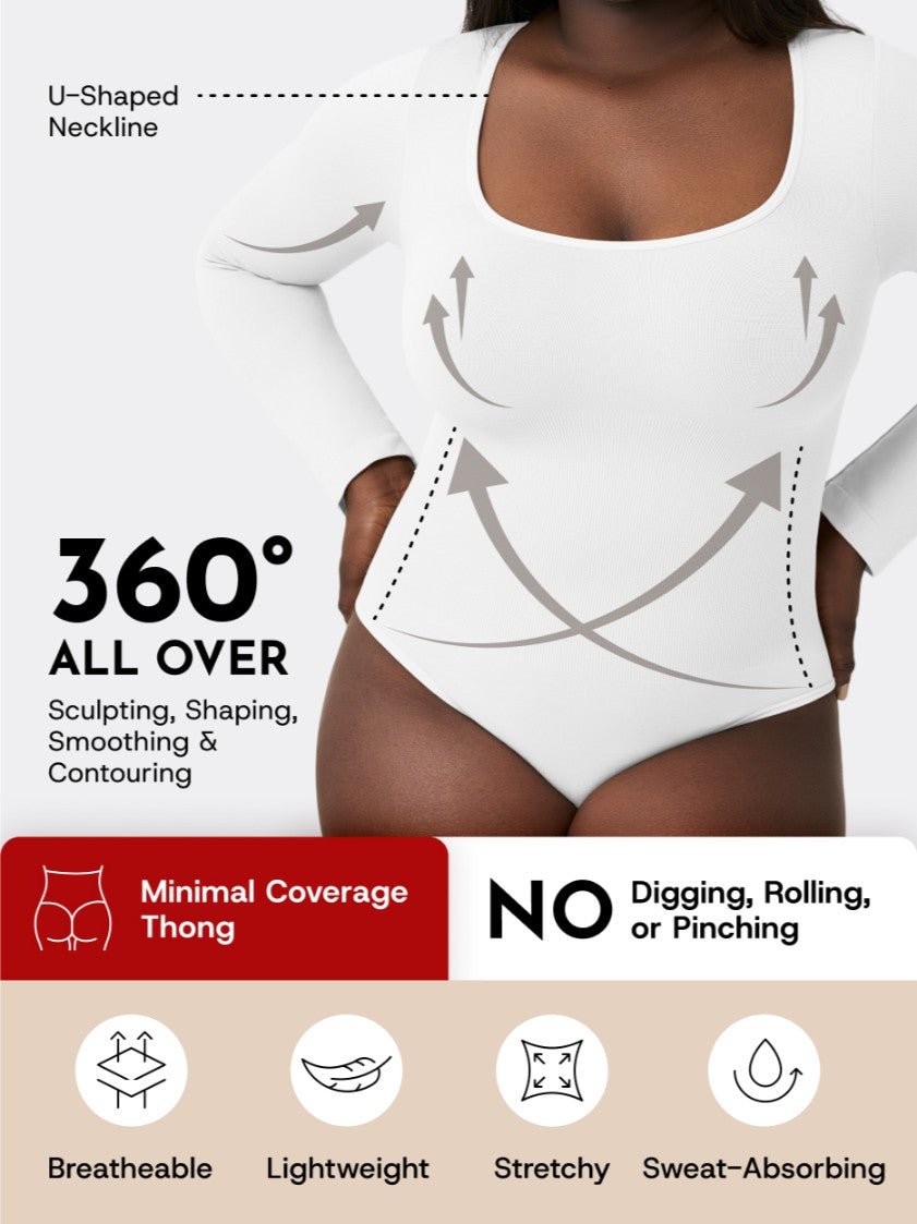 Long Sleeve Shapewear Bodysuit Thong, White - Nuderie