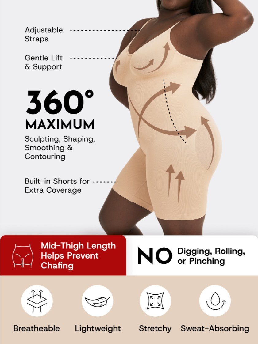 Scoop Neck Mid - Thigh Shapewear Bodysuit, Beige - Nuderie