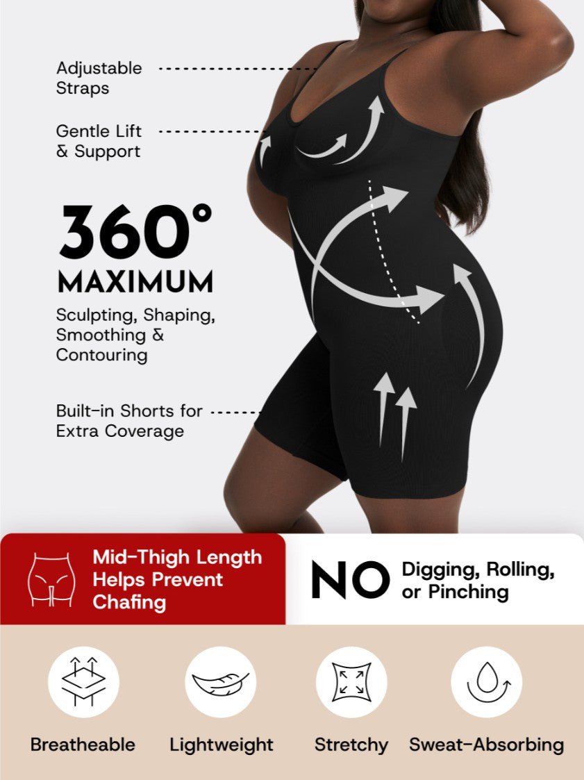 Scoop Neck Mid - Thigh Shapewear Bodysuit, Black - Nuderie