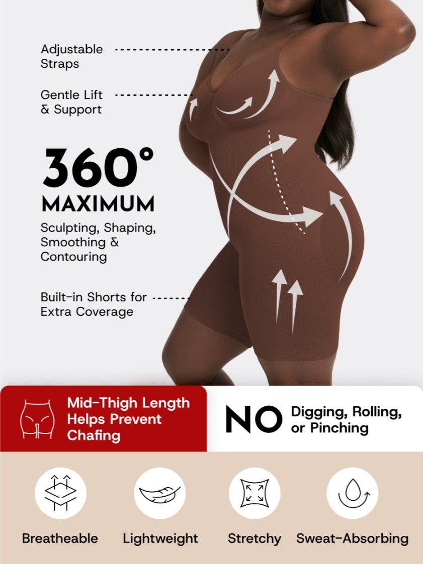 Scoop Neck Mid - Thigh Shapewear Bodysuit, Chocolate - Nuderie