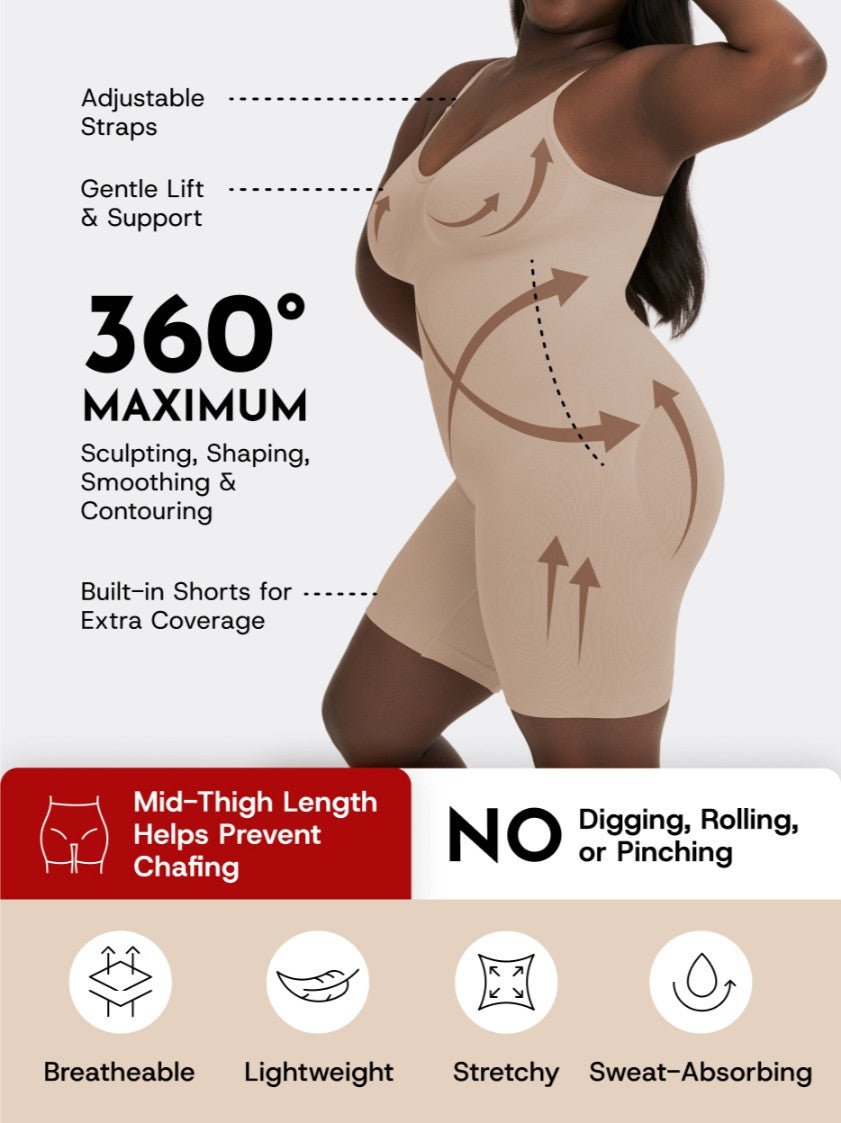 Scoop Neck Mid - Thigh Shapewear Bodysuit, Latte - Nuderie
