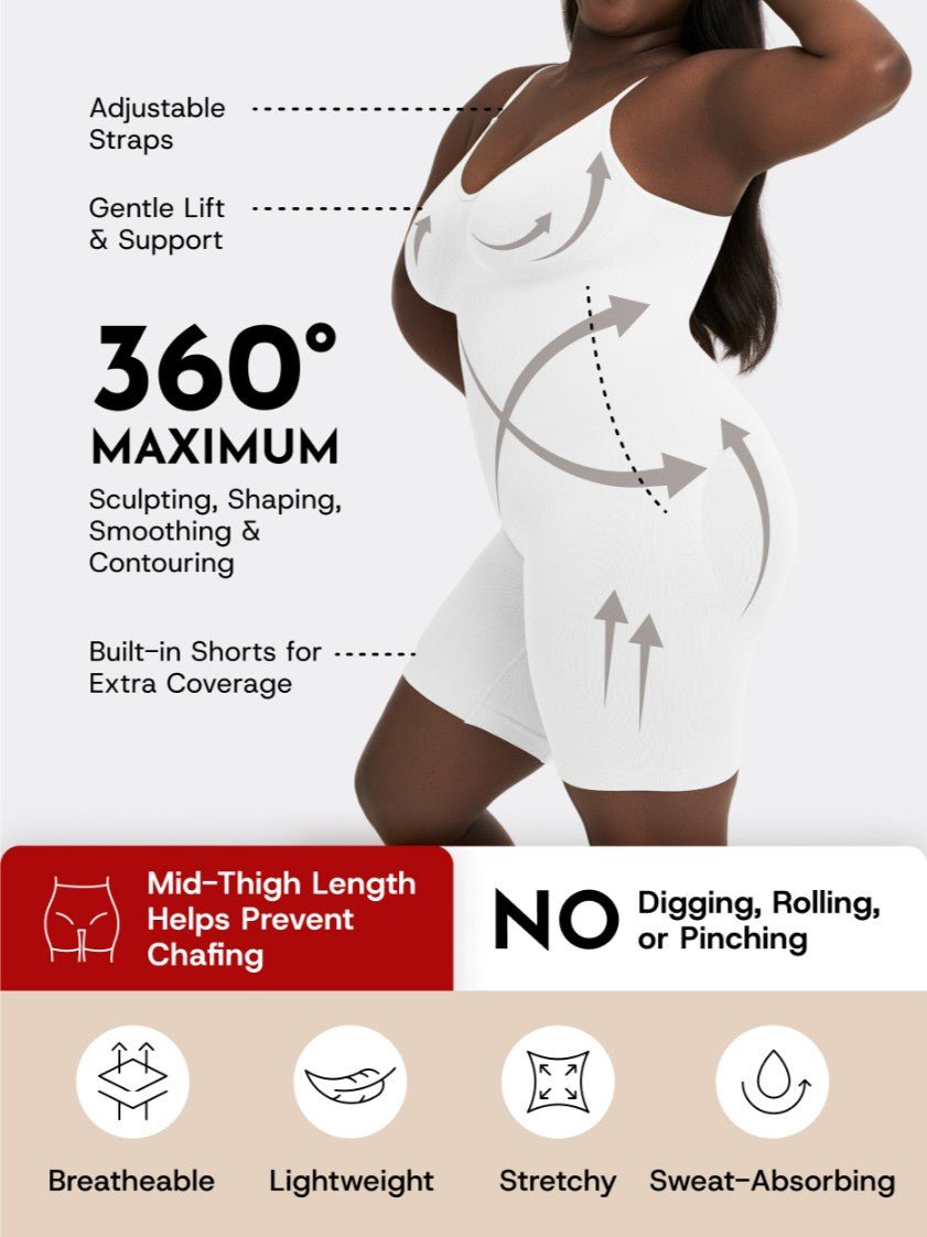 Scoop Neck Mid - Thigh Shapewear Bodysuit, White - Nuderie