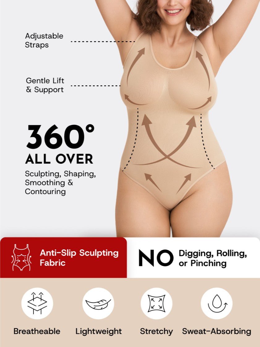 Scoop Neck Shapewear Bodysuit, Beige - Nuderie