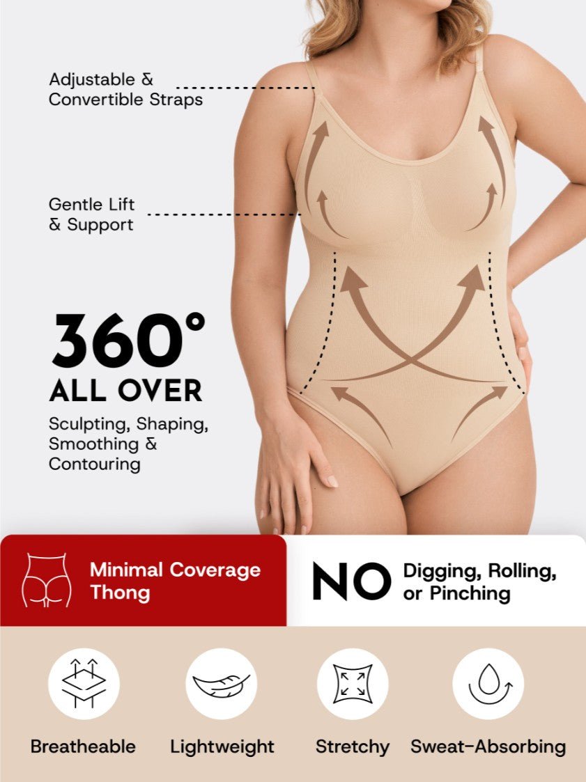 Scoop Neck Shapewear Bodysuit Thong, Beige - Nuderie