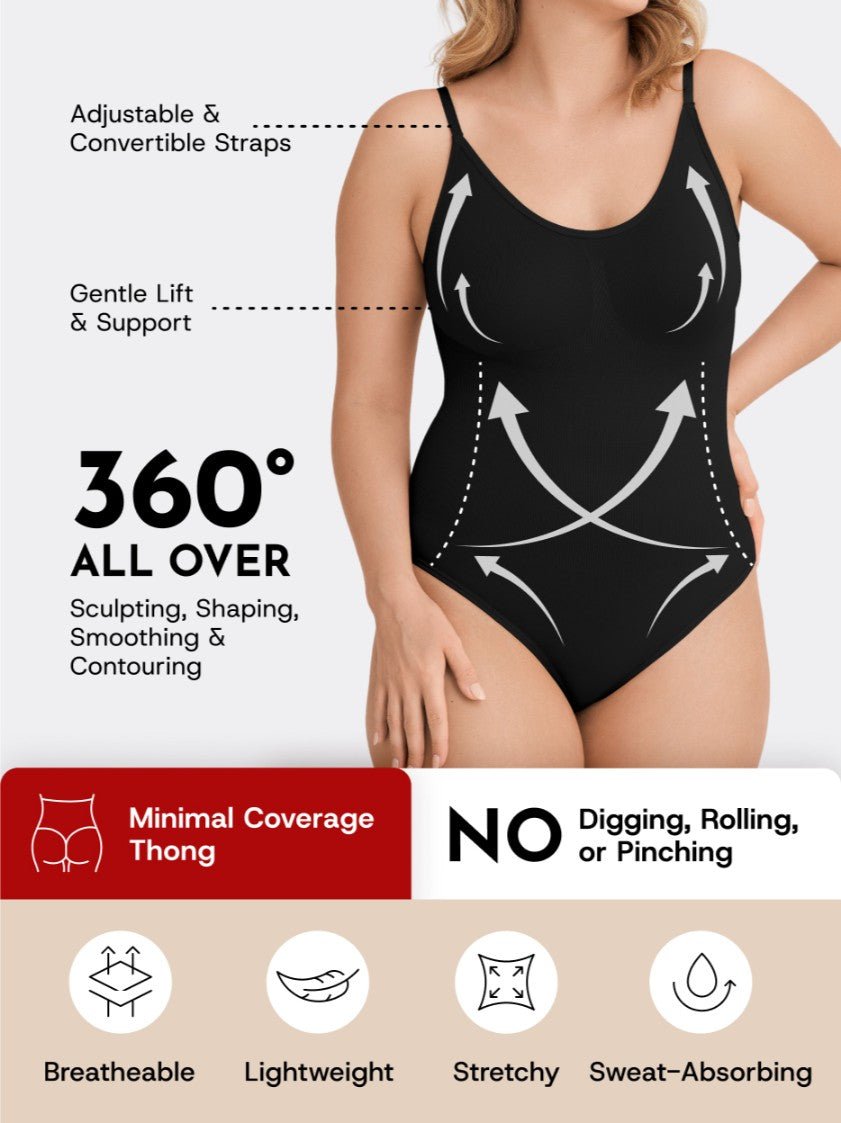 Scoop Neck Shapewear Bodysuit Thong, Black - Nuderie