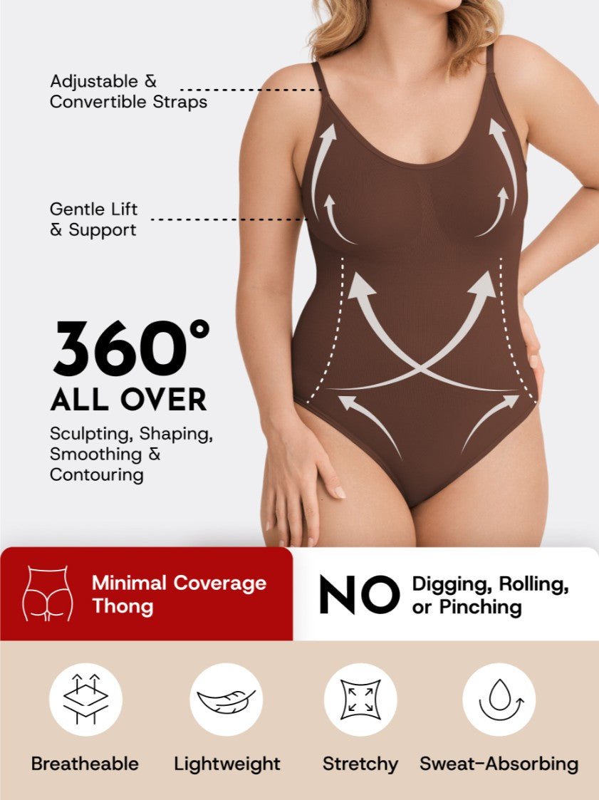 Scoop Neck Shapewear Bodysuit Thong, Chocolate - Nuderie