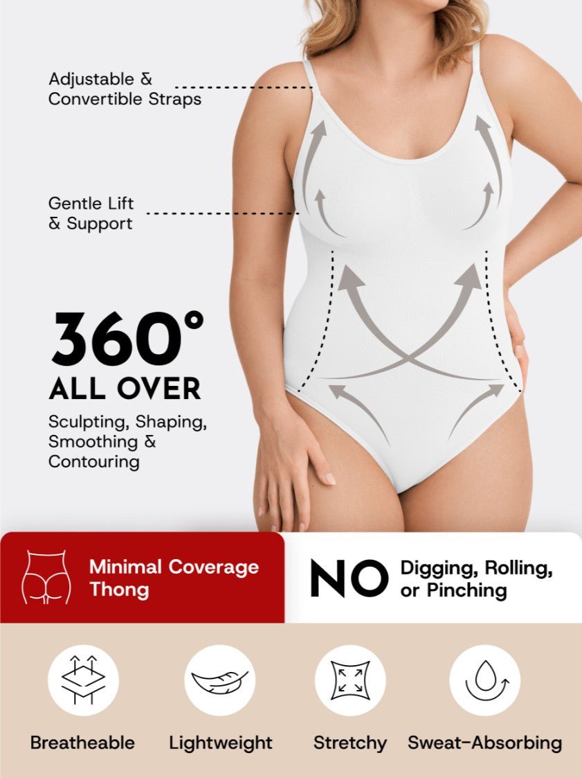 Scoop Neck Shapewear Bodysuit Thong, White - Nuderie