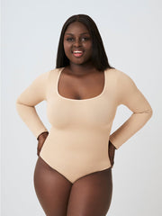 Long Sleeve Shapewear Bodysuit Thong, Beige - Nuderie