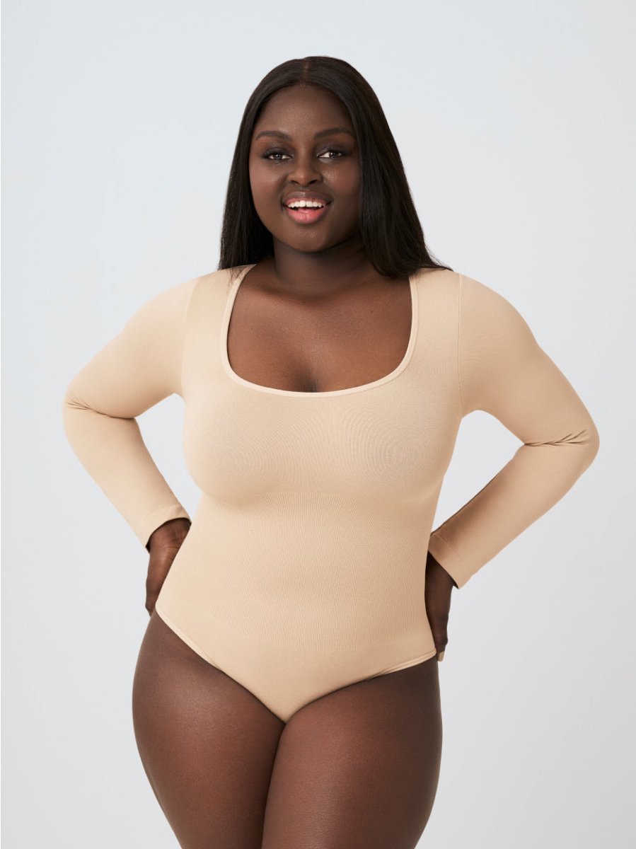 Long Sleeve Shapewear Bodysuit Thong, Beige - Nuderie