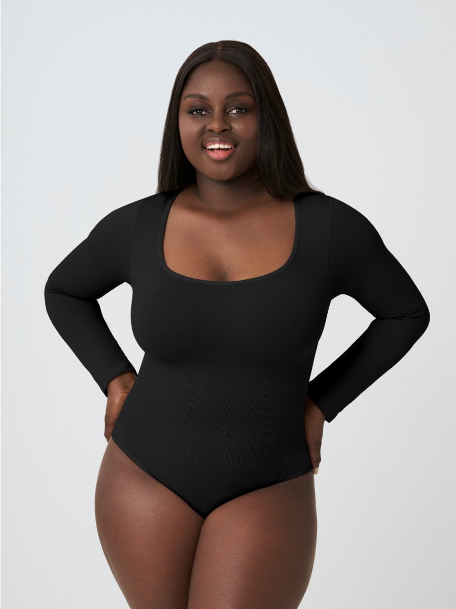 Long Sleeve Shapewear Bodysuit Thong, Black - Nuderie