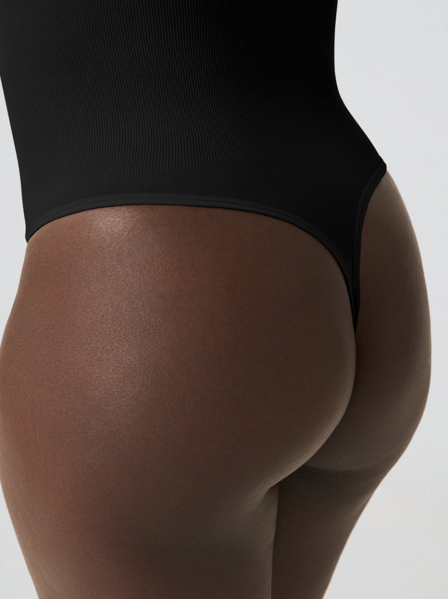 Long Sleeve Shapewear Bodysuit Thong, Black - Nuderie