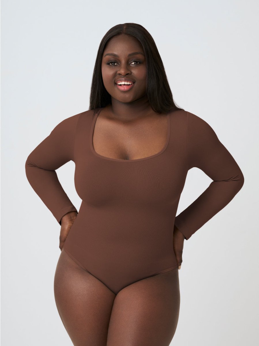 Long Sleeve Shapewear Bodysuit Thong, Chocolate - Nuderie