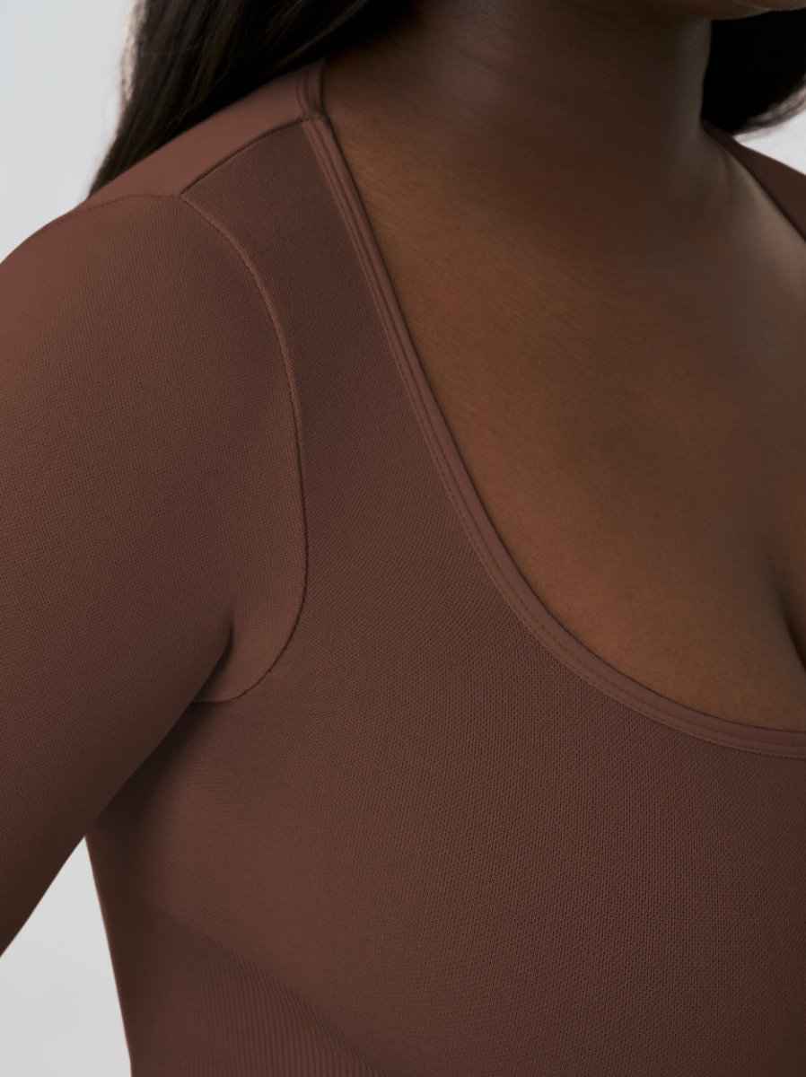 Long Sleeve Shapewear Bodysuit Thong, Chocolate - Nuderie