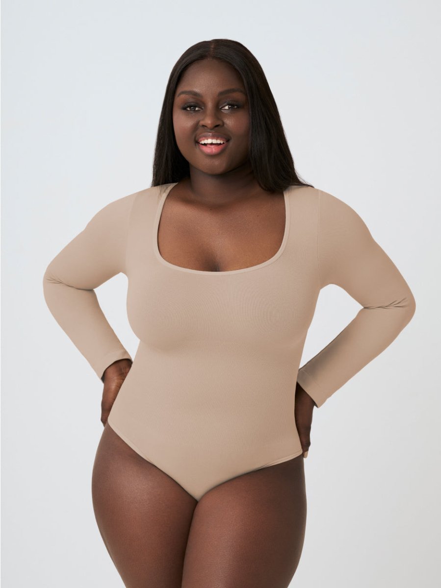 Long Sleeve Shapewear Bodysuit Thong, Latte - Nuderie