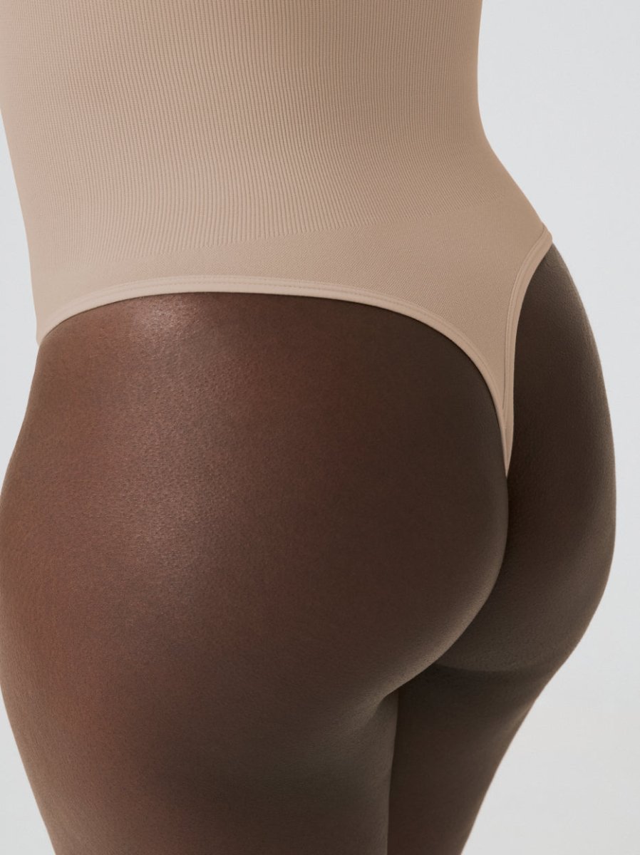 Long Sleeve Shapewear Bodysuit Thong, Latte - Nuderie