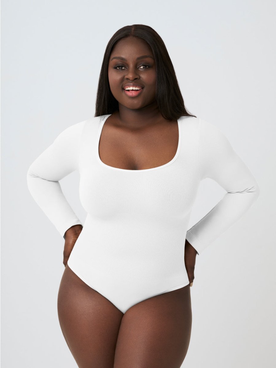 Long Sleeve Shapewear Bodysuit Thong, White - Nuderie
