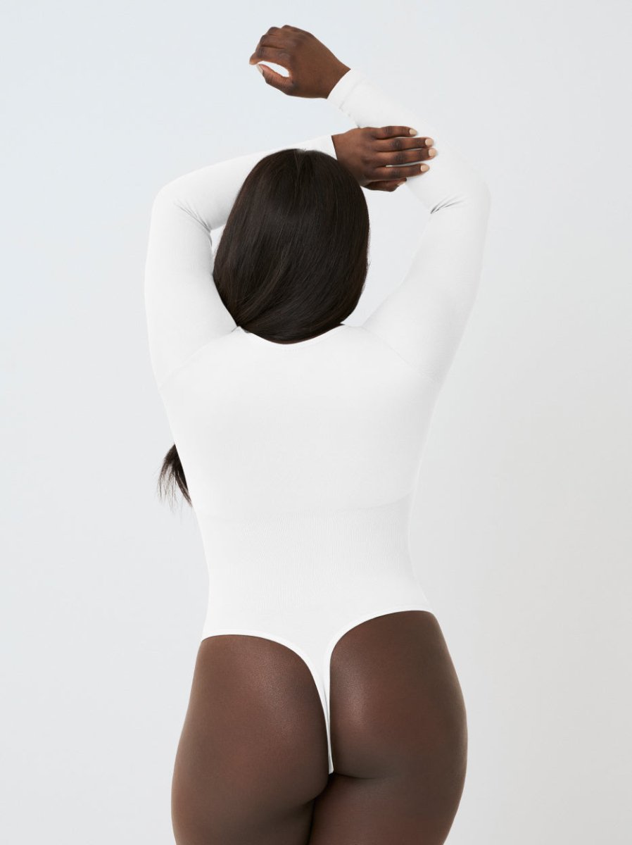 Long Sleeve Shapewear Bodysuit Thong, White - Nuderie