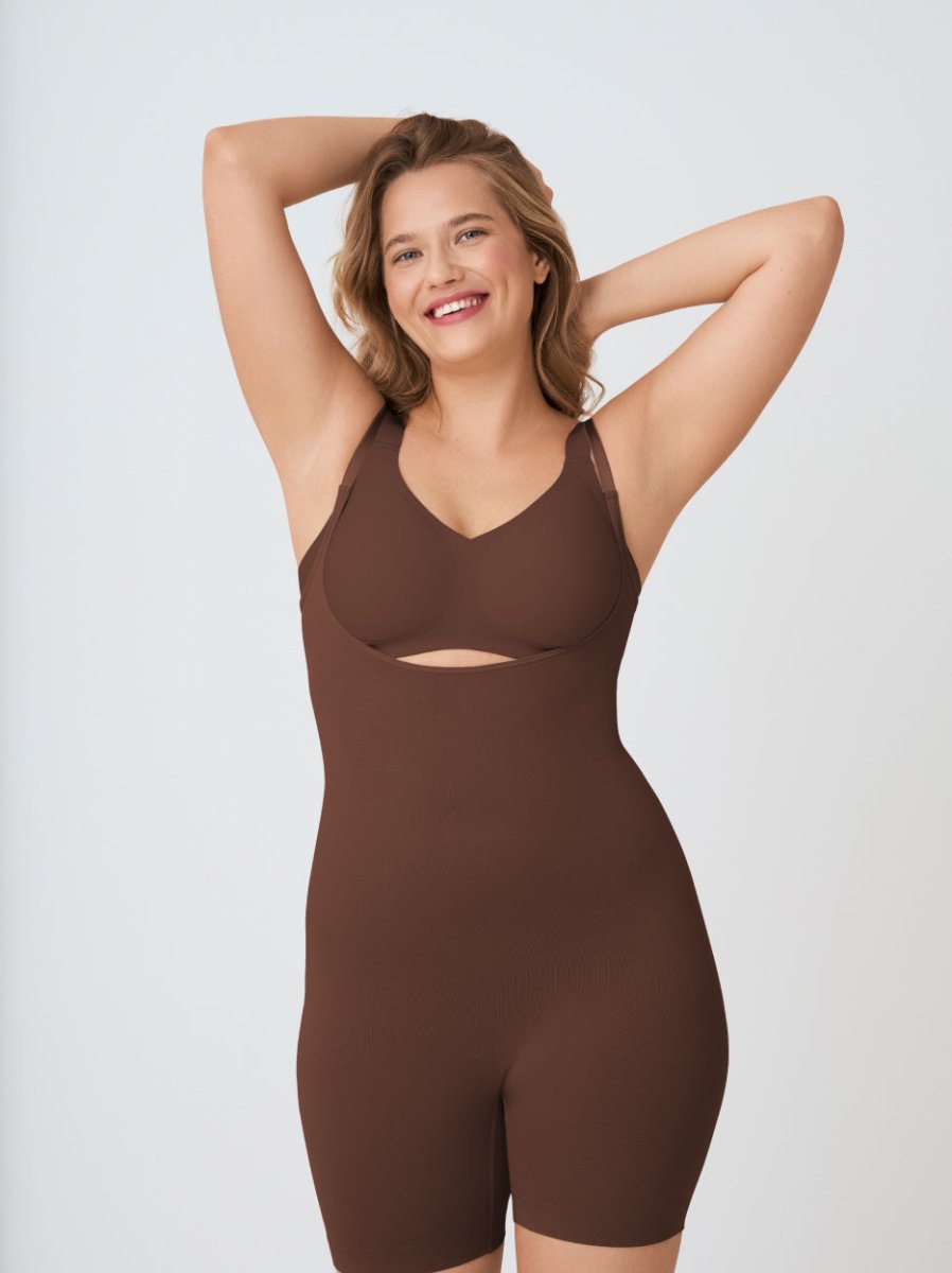 Open Bust Shapewear Bodysuit, Chocolate - Nuderie