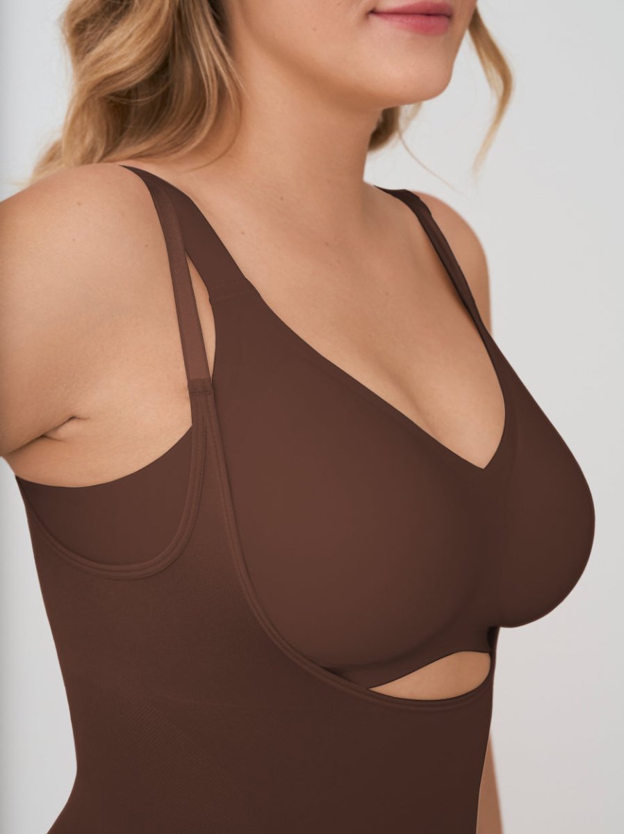 Open Bust Shapewear Bodysuit, Chocolate - Nuderie
