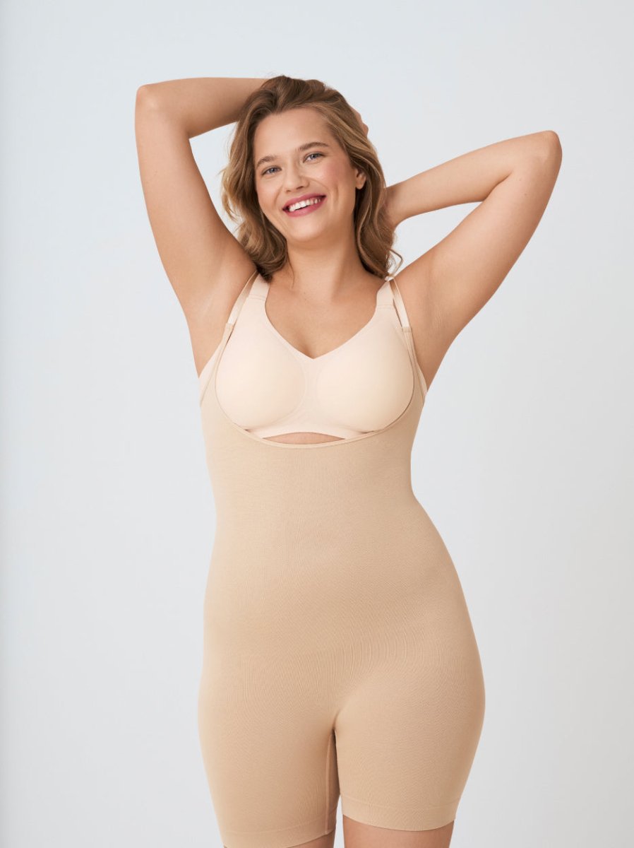 Open Bust Shapewear Bodysuit, Beige - Nuderie