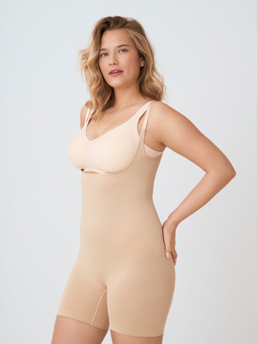 Open Bust Shapewear Bodysuit, Beige - Nuderie