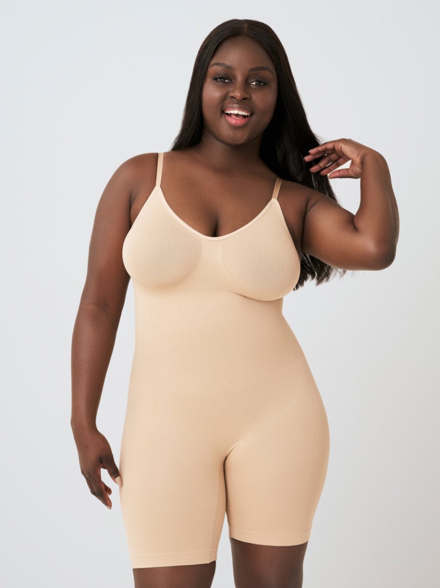 Scoop Neck Mid - Thigh Shapewear Bodysuit, Beige - Nuderie