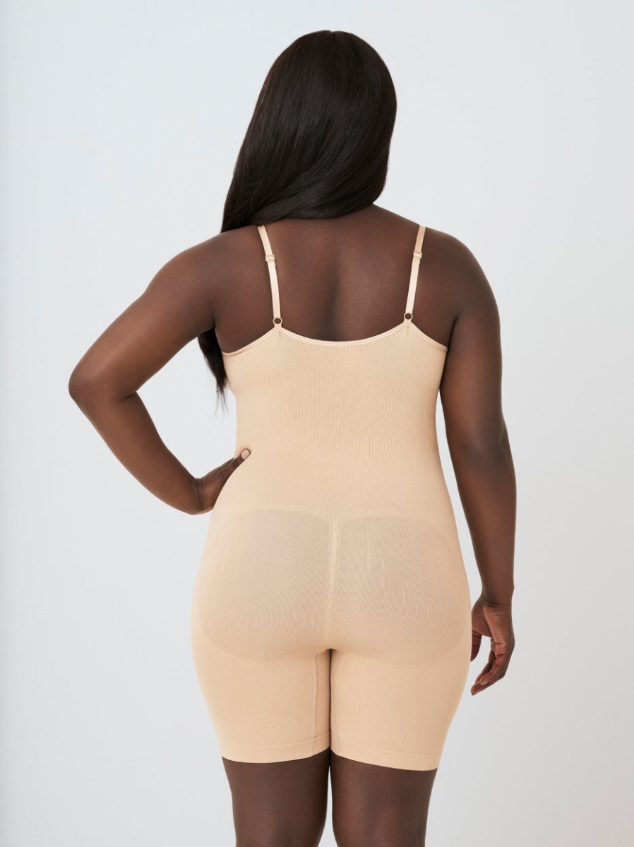 Scoop Neck Mid - Thigh Shapewear Bodysuit, Beige - Nuderie
