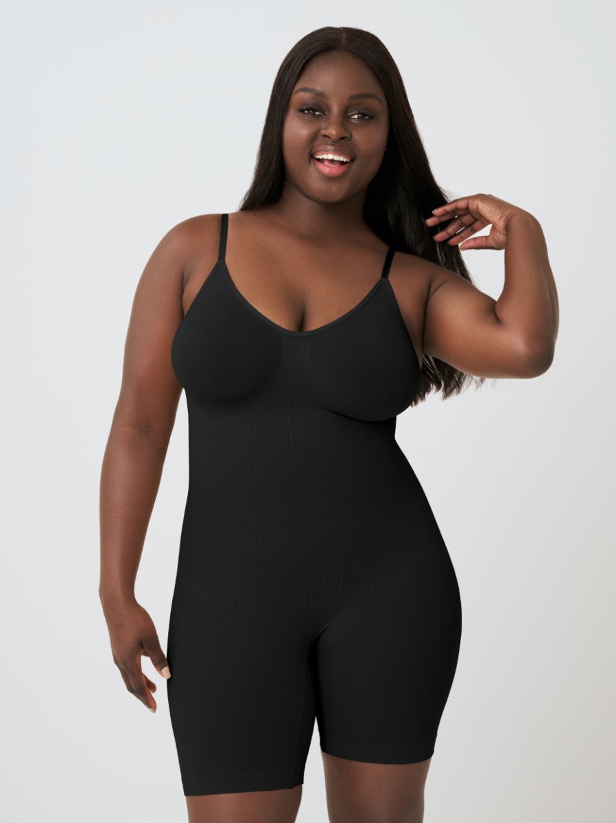 Scoop Neck Mid - Thigh Shapewear Bodysuit, Black - Nuderie