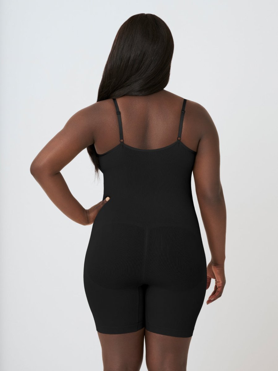 Scoop Neck Mid - Thigh Shapewear Bodysuit, Black - Nuderie