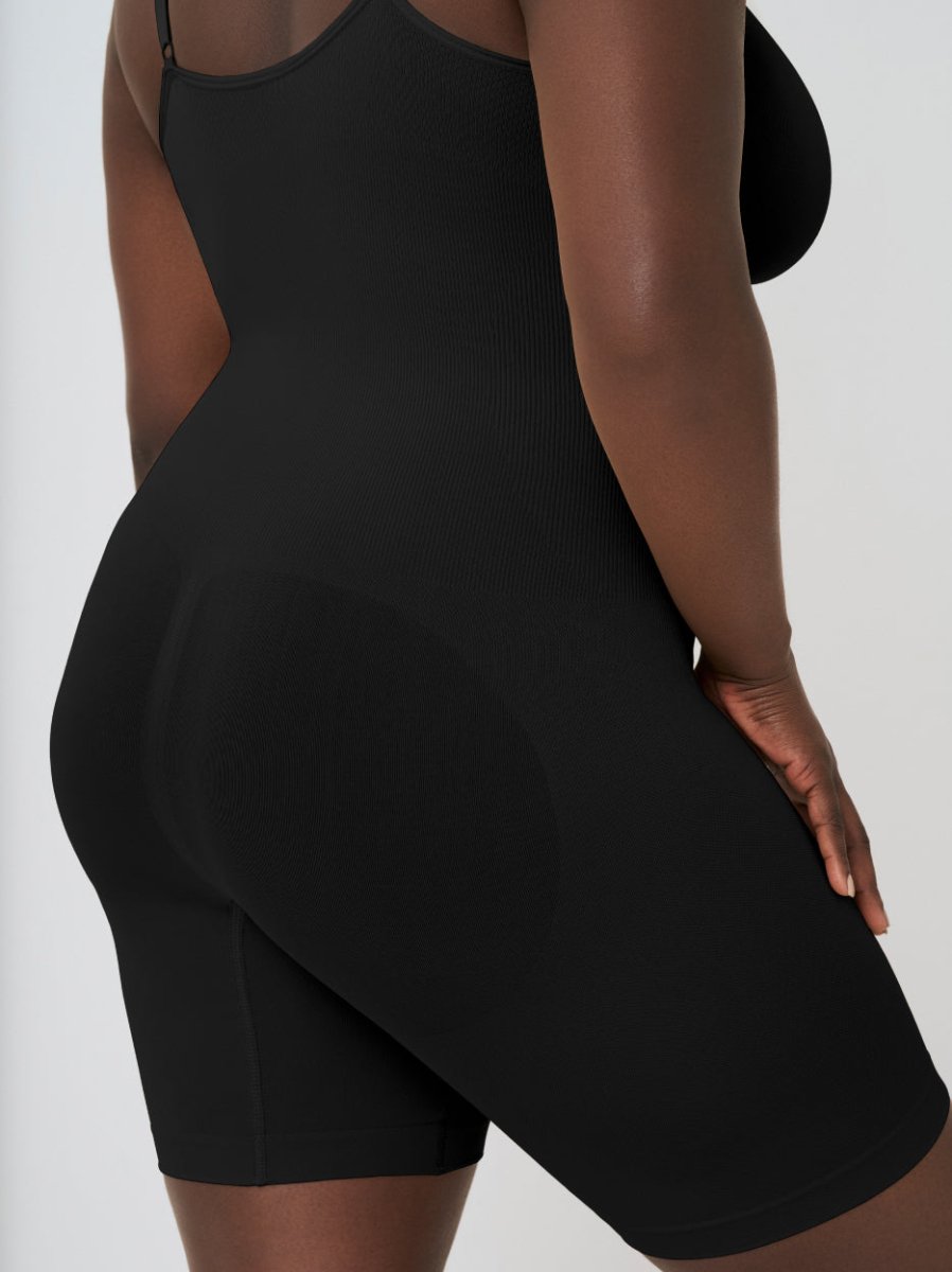 Scoop Neck Mid - Thigh Shapewear Bodysuit, Black - Nuderie
