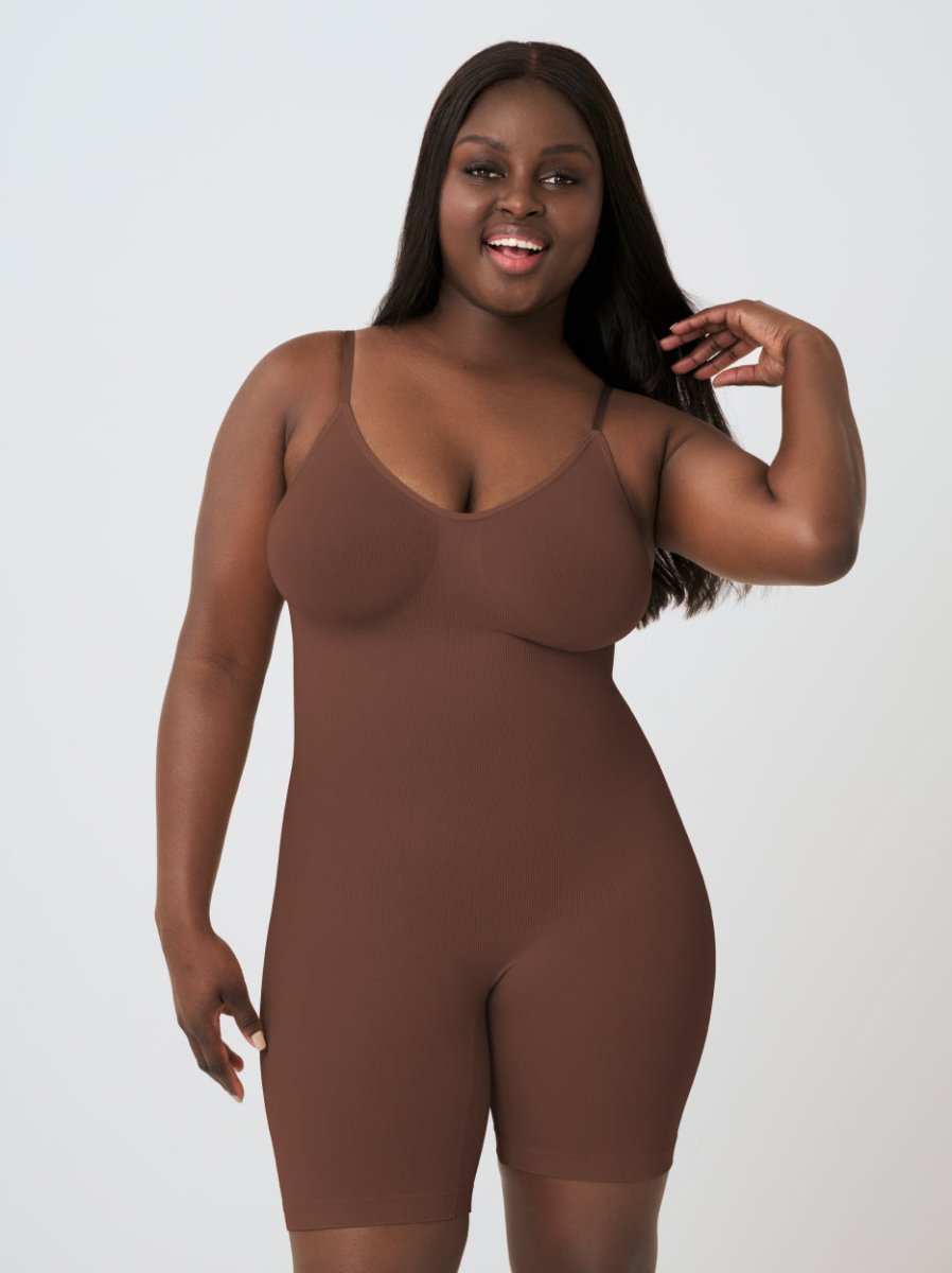 Scoop Neck Mid - Thigh Shapewear Bodysuit, Chocolate - Nuderie