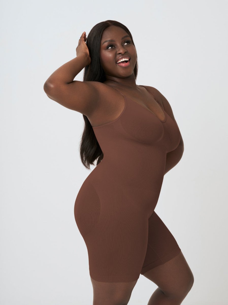 Scoop Neck Mid - Thigh Shapewear Bodysuit, Chocolate - Nuderie