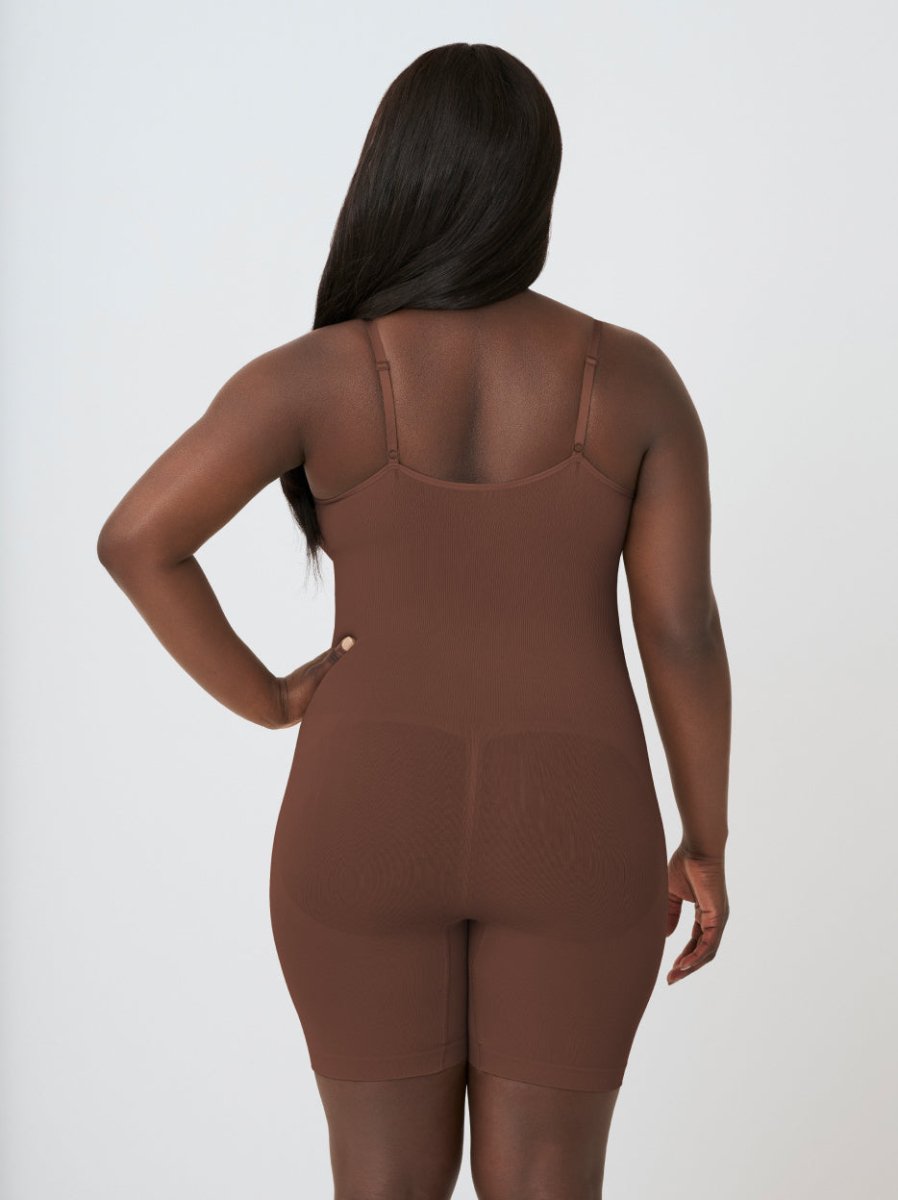 Scoop Neck Mid - Thigh Shapewear Bodysuit, Chocolate - Nuderie