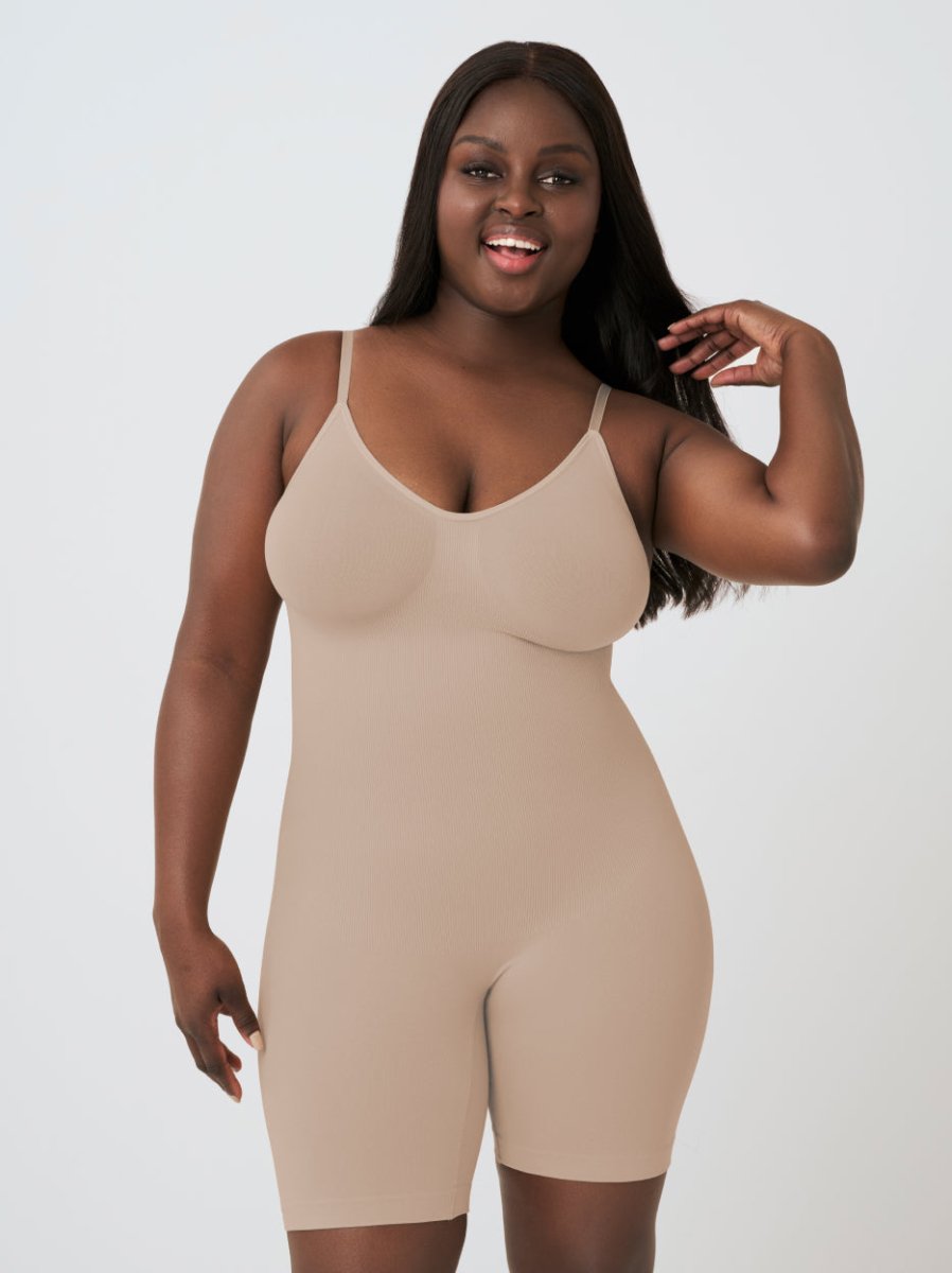 Scoop Neck Mid - Thigh Shapewear Bodysuit, Latte - Nuderie