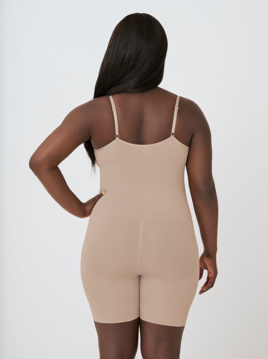 Scoop Neck Mid - Thigh Shapewear Bodysuit, Latte - Nuderie