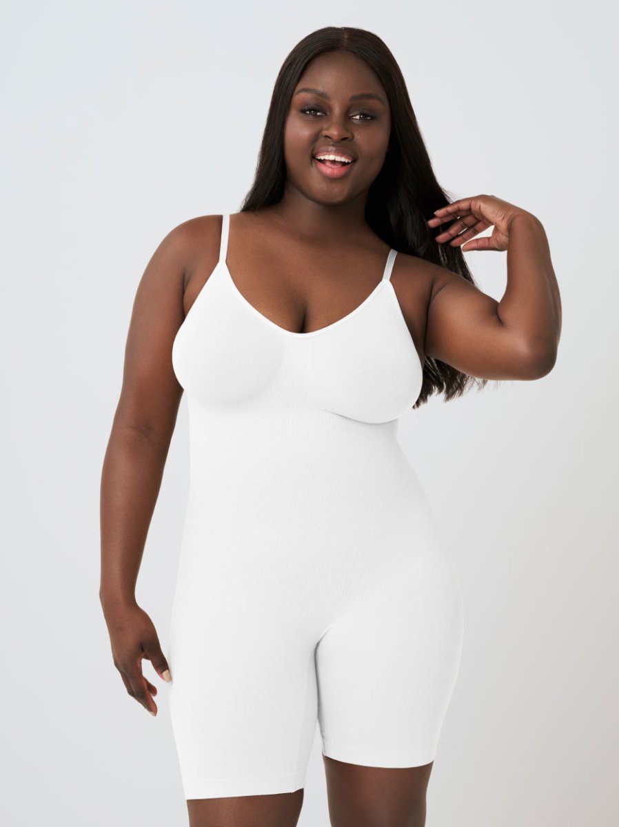 Scoop Neck Mid - Thigh Shapewear Bodysuit, White - Nuderie