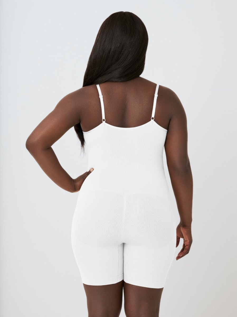 Scoop Neck Mid - Thigh Shapewear Bodysuit, White - Nuderie