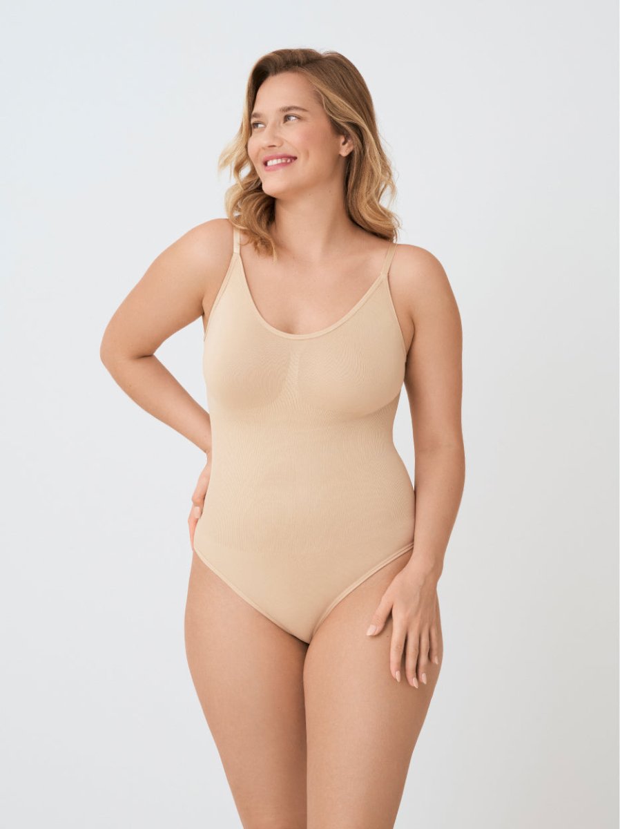 Scoop Neck Shapewear Bodysuit Thong, Beige - Nuderie
