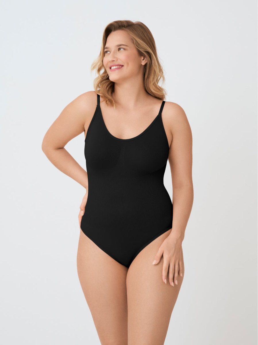 Scoop Neck Shapewear Bodysuit Thong, Black - Nuderie