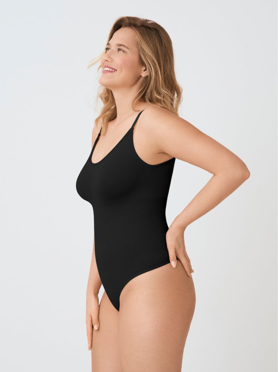 Scoop Neck Shapewear Bodysuit Thong, Black - Nuderie