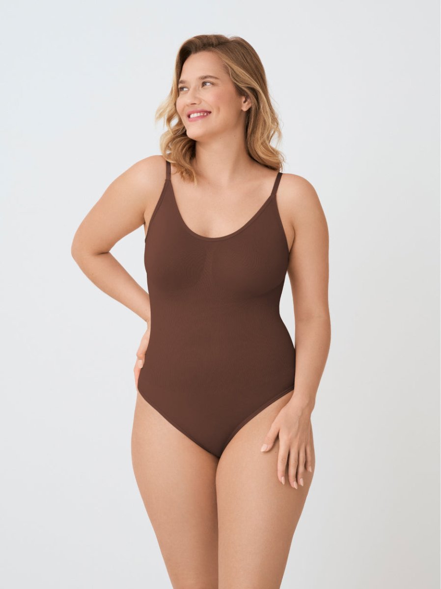 Scoop Neck Shapewear Bodysuit Thong, Chocolate - Nuderie