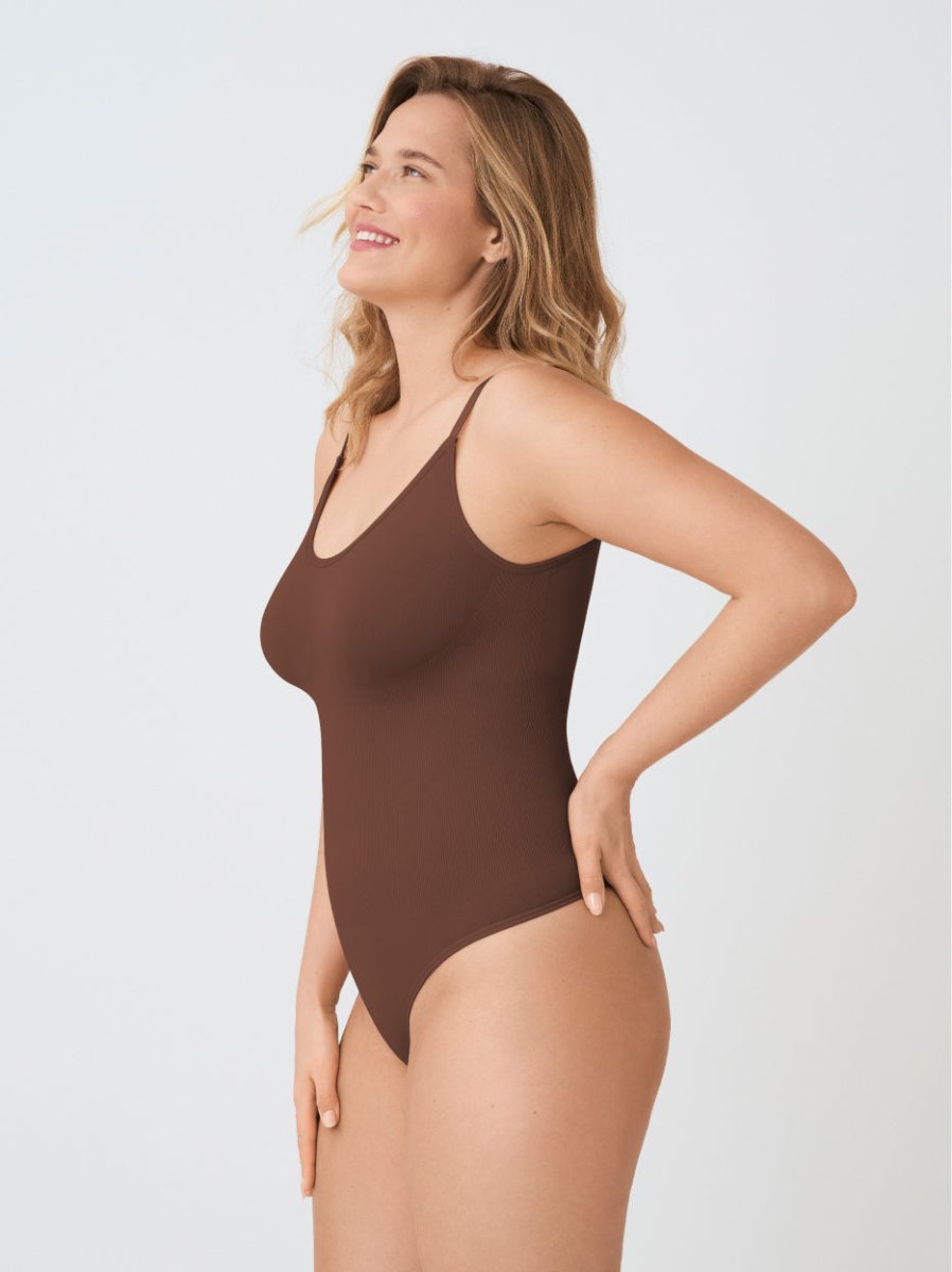 Scoop Neck Shapewear Bodysuit Thong, Chocolate - Nuderie