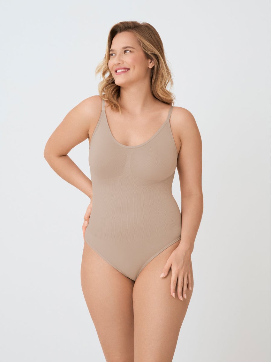 Scoop Neck Shapewear Bodysuit Thong, Latte - Nuderie