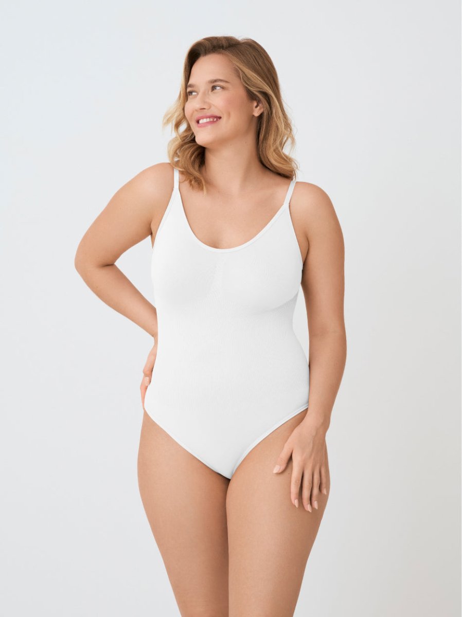 Scoop Neck Shapewear Bodysuit Thong, White - Nuderie