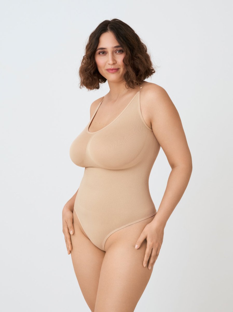 Scoop Neck Shapewear Bodysuit, Beige - Nuderie