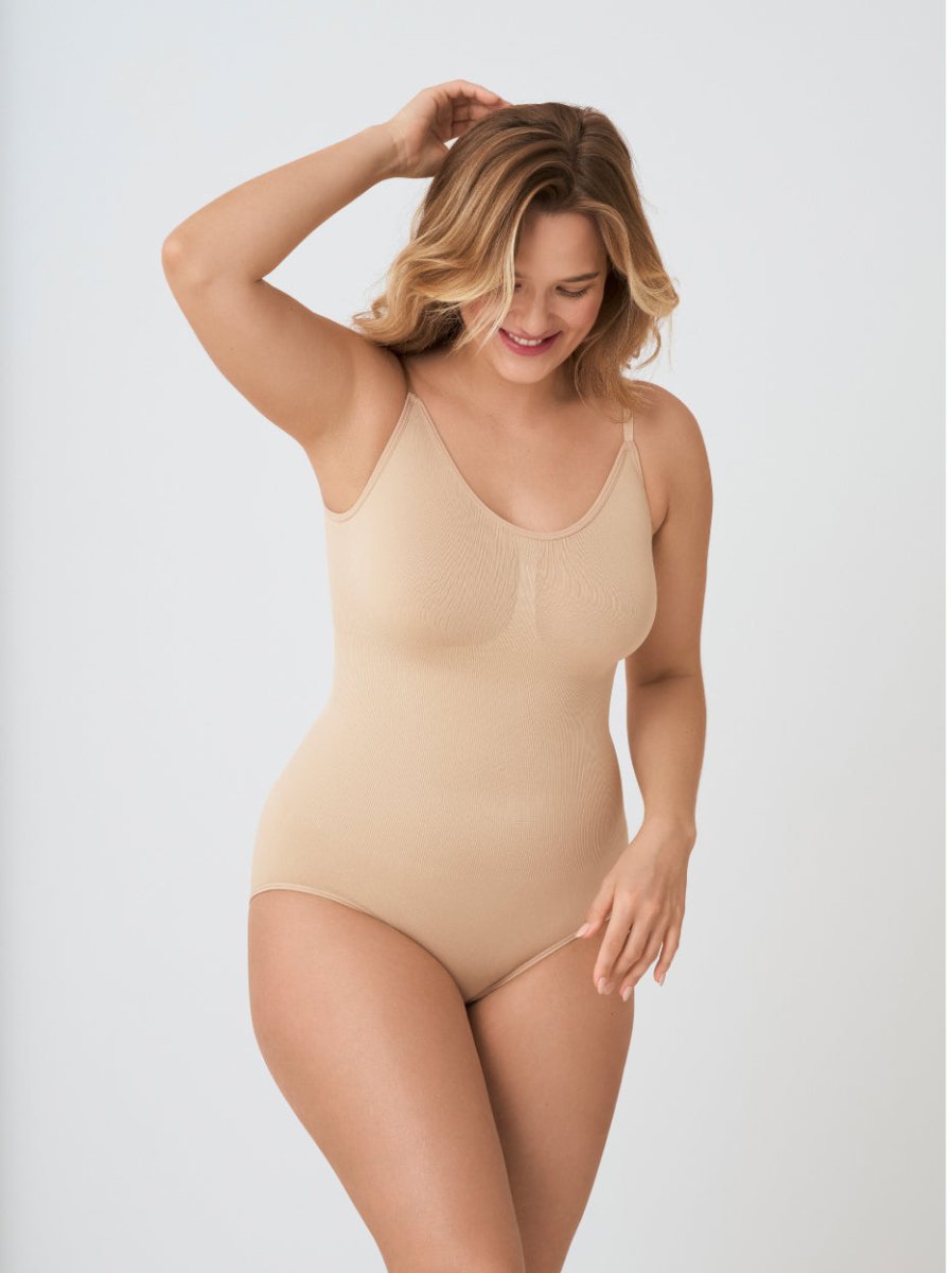 Scoop Neck Shapewear Bodysuit, Beige - Nuderie